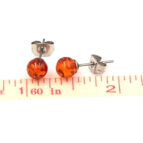 Genuine Amber Stud Earrings Hypoallergenic Surgical Steel 6 mm - Picture 2 of 4